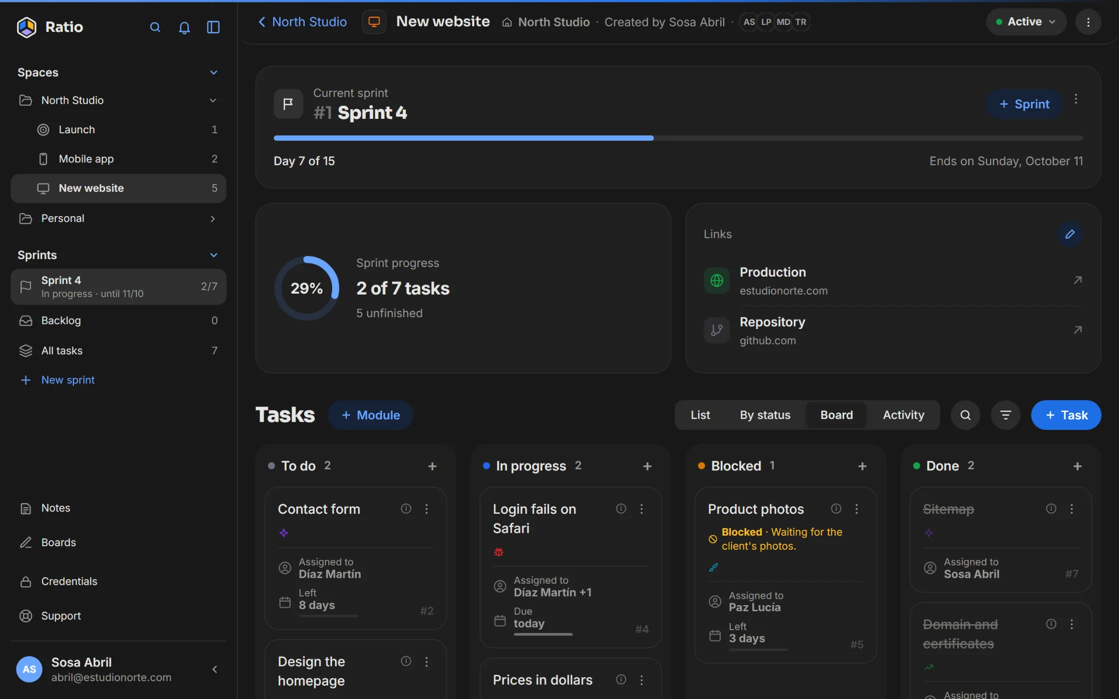 A project in Ratio: the current sprint, its progress and the board with tasks to do, in progress, blocked and done.