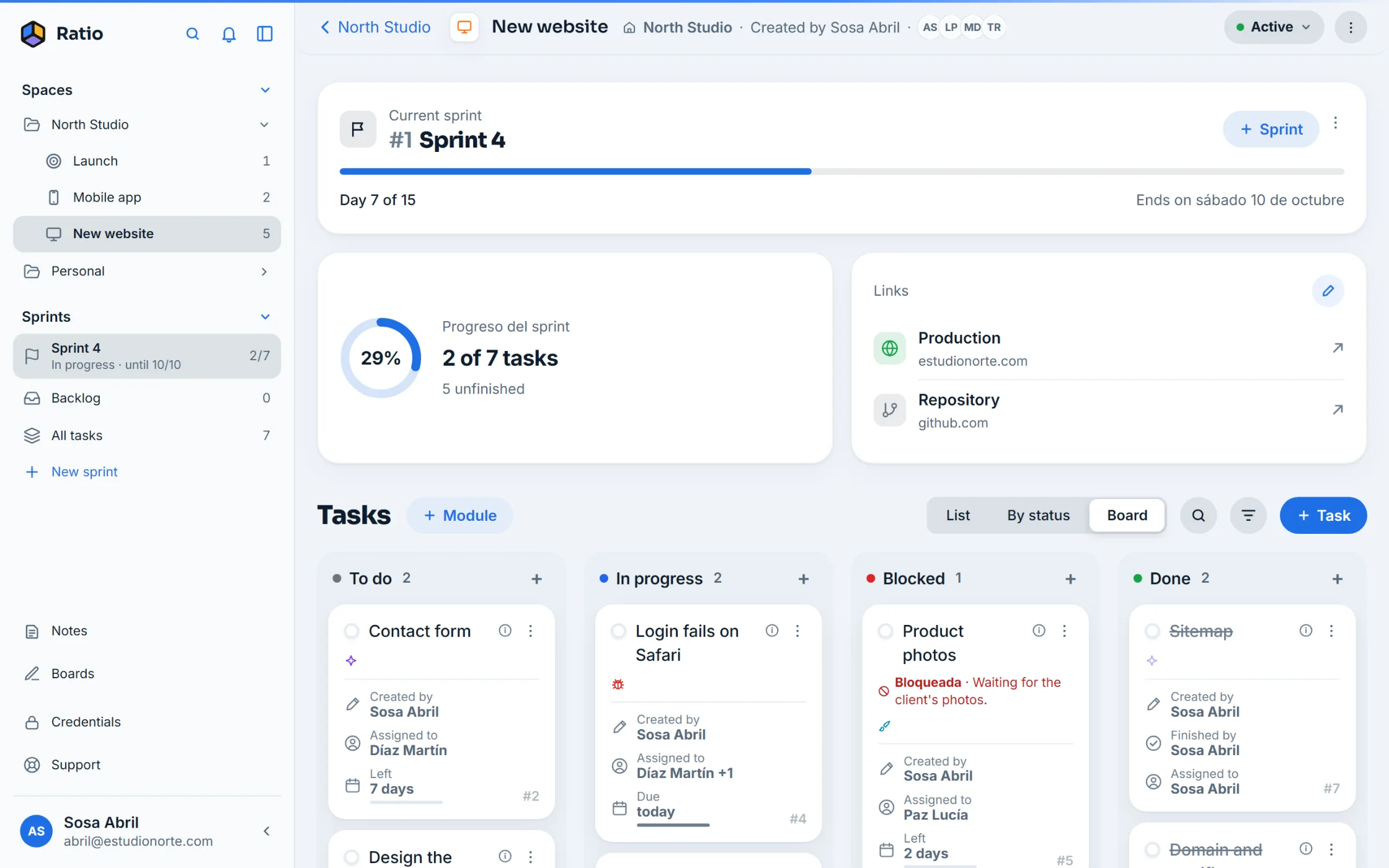 A project in Ratio: the current sprint, its progress and the board with tasks to do, in progress, blocked and done.