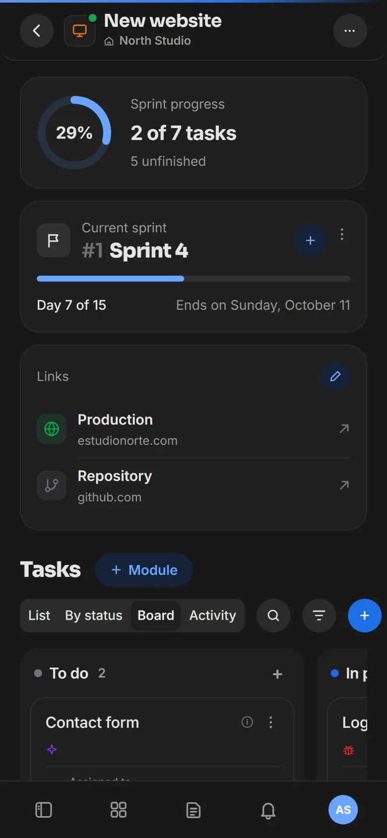 The same project on the phone: the sprint progress, its days and the board.