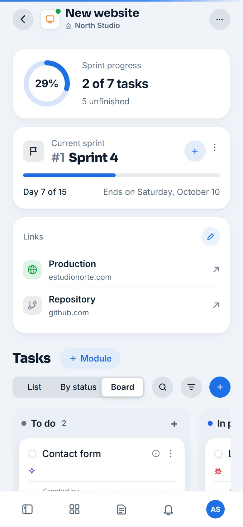 The same project on the phone: the sprint progress, its days and the board.