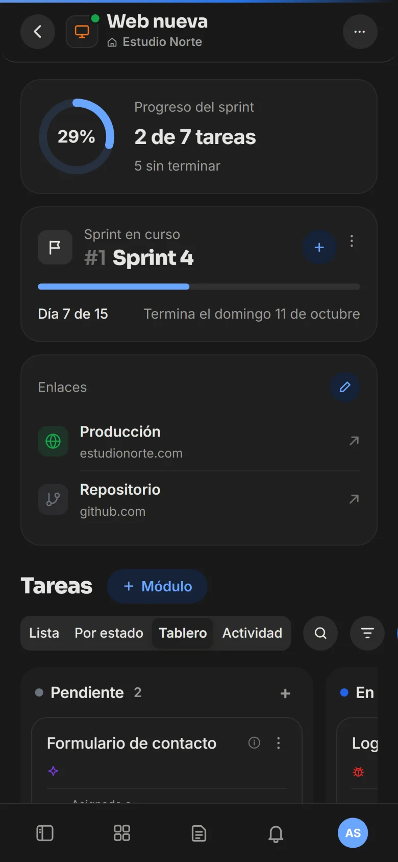 El mismo proyecto en el celular: el avance del sprint, sus días y el tablero.