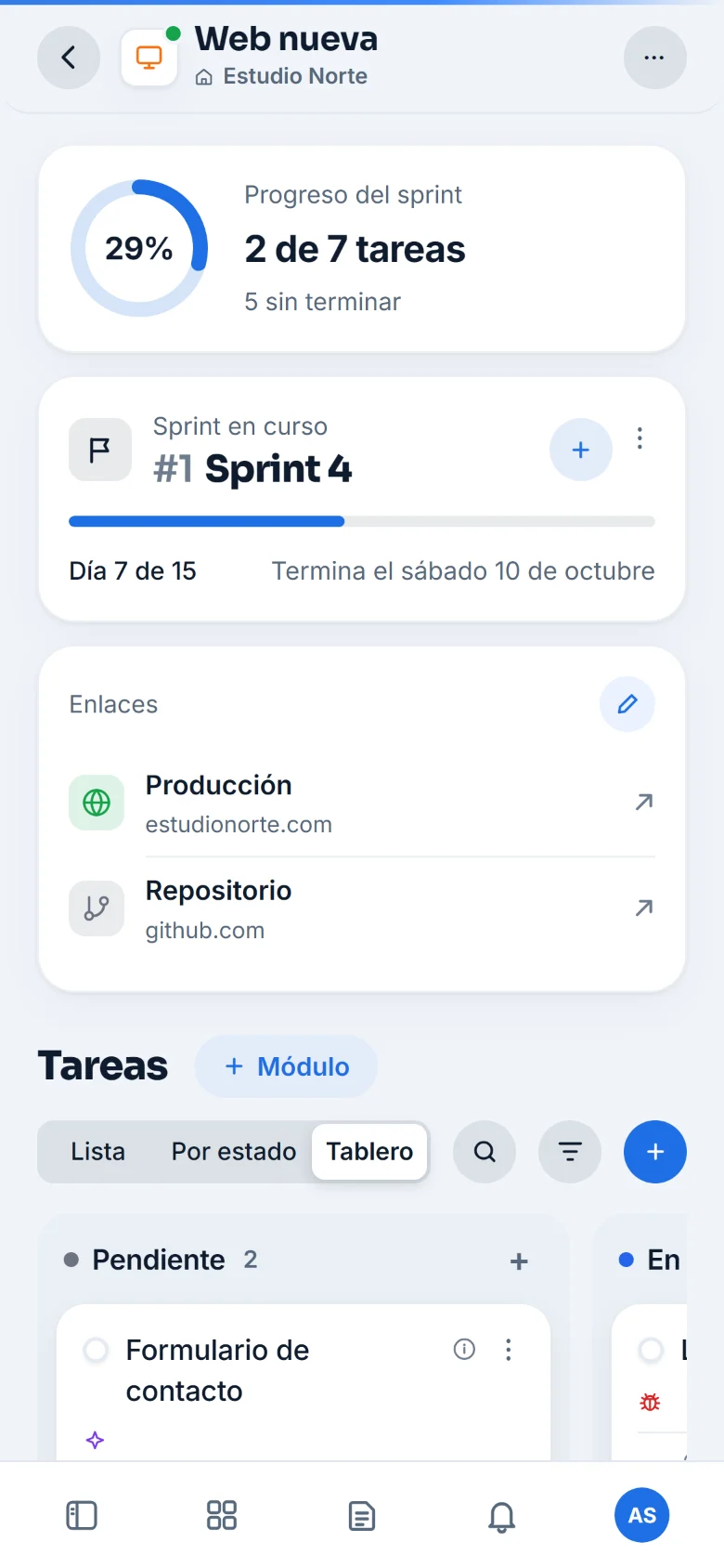 El mismo proyecto en el celular: el avance del sprint, sus días y el tablero.